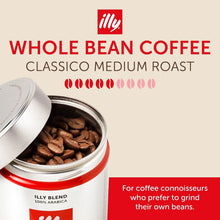 Open tin of illy whole bean coffee, classico medium roast, 100% arabica beans visible.