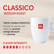 Classico medium roast coffee, featuring a white illy cup, caramel, orange blossom, jasmine notes