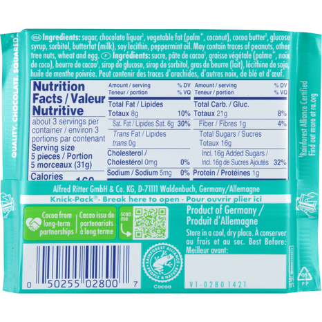 Ritter Sport Peppermint Dark Chocolate with Peppermint Filling, 3.52 oz (100g)