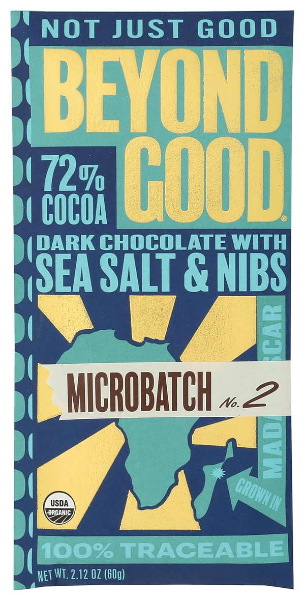 72% cocoa dark chocolate bar with sea salt and cacao nibs, organic, microbatch packaging