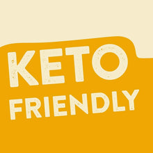 Keto friendly label on a yellow background, low carb grocery or health product