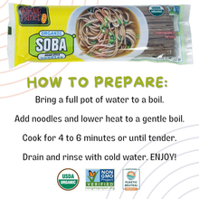 Organic soba noodles package with cooking instructions, USDA Organic and Non-GMO certified