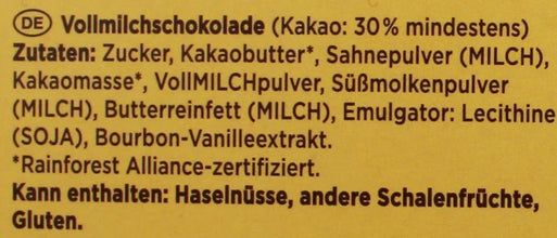 German chocolate bar ingredients label with 30% cocoa, Rainforest Alliance certified, may contain nuts