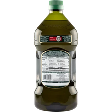 Back view of olive oil bottle with nutrition facts and ingredients label, grocery product