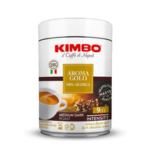 Kimbo Aroma Gold 100% Arabica medium dark roast coffee can with cup and beans