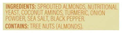Ingredient label listing sprouted almonds, nutritional yeast, coconut aminos, turmeric, spices.