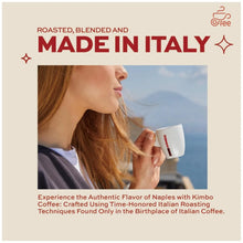 Woman enjoying Italian coffee outdoors with Kimbo cup, made in Italy, mountain view background.