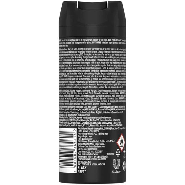Black Preto deodorant spray can back label with ingredients, usage instructions, and safety warnings