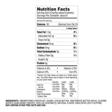 Nutrition facts label for chocolate snack with unsweetened chocolate, cocoa butter, sugar, and milk ingredients