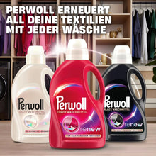 Perwoll color & black laundry detergent bottles for vibrant and dark fabrics, renewing textiles with every wash