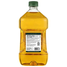 Large plastic bottle of olive oil with green cap and nutrition facts label, grocery product