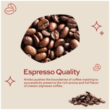 Close-up of roasted espresso coffee beans with text highlighting rich aroma and quality flavor.