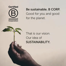 Hand holding small green plant, B Corp certified sustainability message, eco-friendly concept