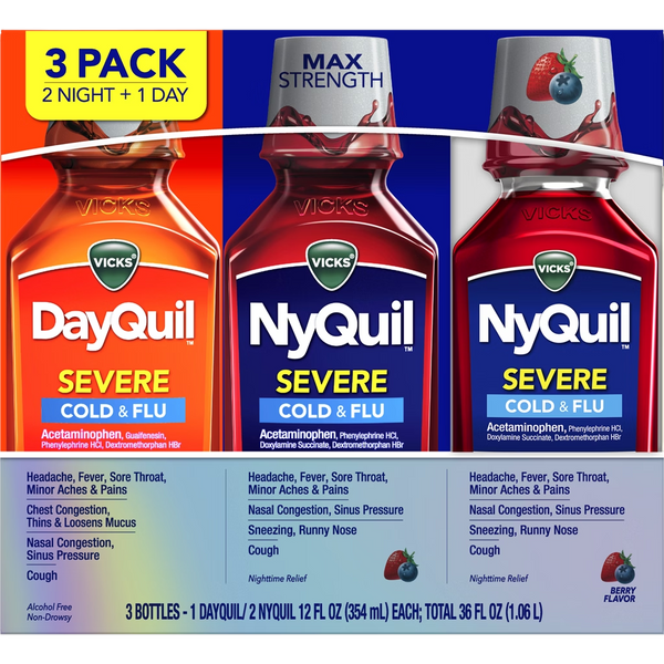 Vicks DayQuil & NyQuil Severe Cold & Flu 3-Pack, 36 fl oz Total