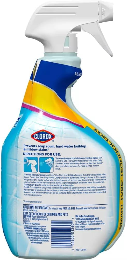 Clorox Plus Tilex Daily Shower Cleaner Back Label - Directions for Use, Ingredients