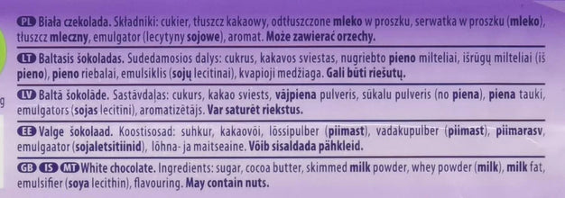 White chocolate ingredients list in multiple languages, including milk powder, cocoa butter, sugar, may contain nuts