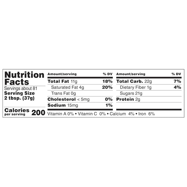 Nutrition facts label showing 200 calories per 2 tbsp serving, 11g total fat, 22g carbs, 2g protein