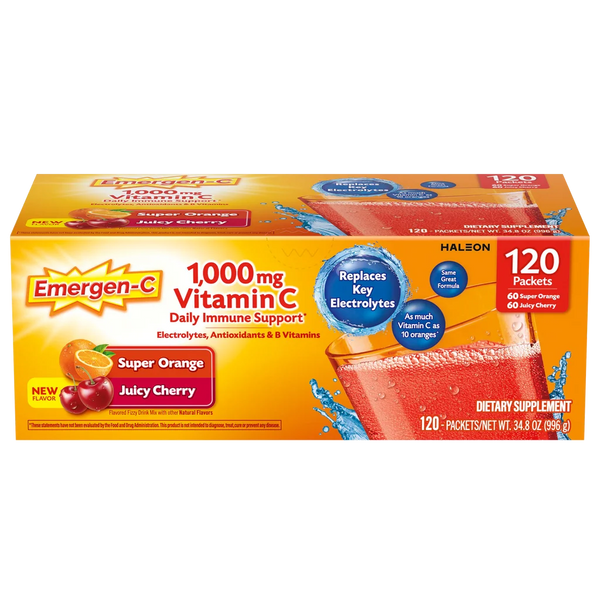 Emergen-C 1,000mg Vitamin C 120 Packets | Super Orange & Juicy Cherry