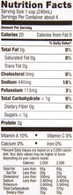 Nutrition facts label showing calories, fat, sodium, protein, vitamins, and serving size