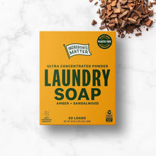 Ultra concentrated powder laundry soap amber sandalwood scent, plastic-free box on marble