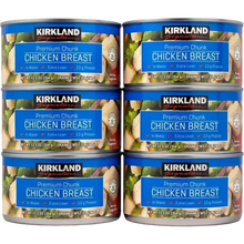 Six cans of premium chunk chicken breast in water, extra lean, high protein, grocery food