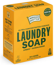Ingredients Matter ultra concentrated amber sandalwood laundry soap powder box, plastic free, 60 loads