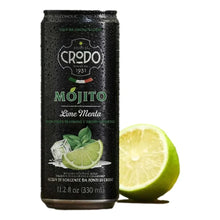 Chilled Fonti di Crodó Mojito Lime Menta can with fresh lime slice, non-alcoholic Italian drink
