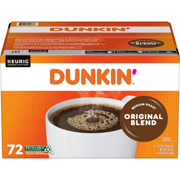 Dunkin' Original Blend Medium Roast K-Cup Pods, 72-count box for Keurig brewers, recyclable coffee pods