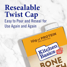 Kitchen Basics bone broth carton with resealable twist cap and 10g protein per serving on marble background