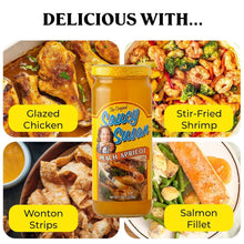 Saucy Susan Peach Apricot sauce with glazed chicken, stir-fried shrimp, wonton strips, and salmon fillet