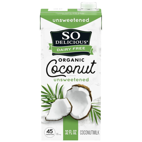 SO Delicious Organic Unsweetened Coconut Milk, dairy-free, 32 fl oz carton with coconut imagery