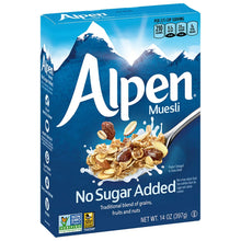 Alpen Muesli No Sugar Added cereal box with grains, fruits, nuts and mountain design