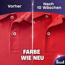 Red polo shirt before and after 10 washes, color stays vibrant like new with Perwoll detergent