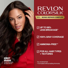 Ashley Graham modeling Revlon Colorsilk hair dye, shade 30 Dark Brown, ammonia-free with bond repair for all hair types