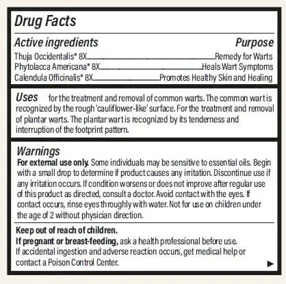 Drug facts label for wart treatment with Thuja Occidentalis & Calendula, for skin healing and wart removal