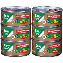 Six easy open cans of Genova yellowfin tuna in olive oil, stacked in two columns.