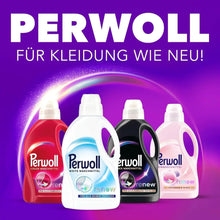 Perwoll laundry detergent bottles for color, white, black & wool fabrics on purple background