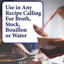 Person ladling broth into bowl next to pot, recipe text about using broth, stock or water.