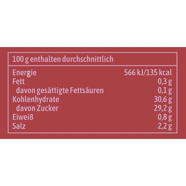 Nutrition facts label showing calories, carbs, sugar, protein, fat, and salt per 100g for imported snack