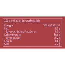 Nutrition facts label showing calories, carbs, sugar, protein, fat, and salt per 100g for imported snack