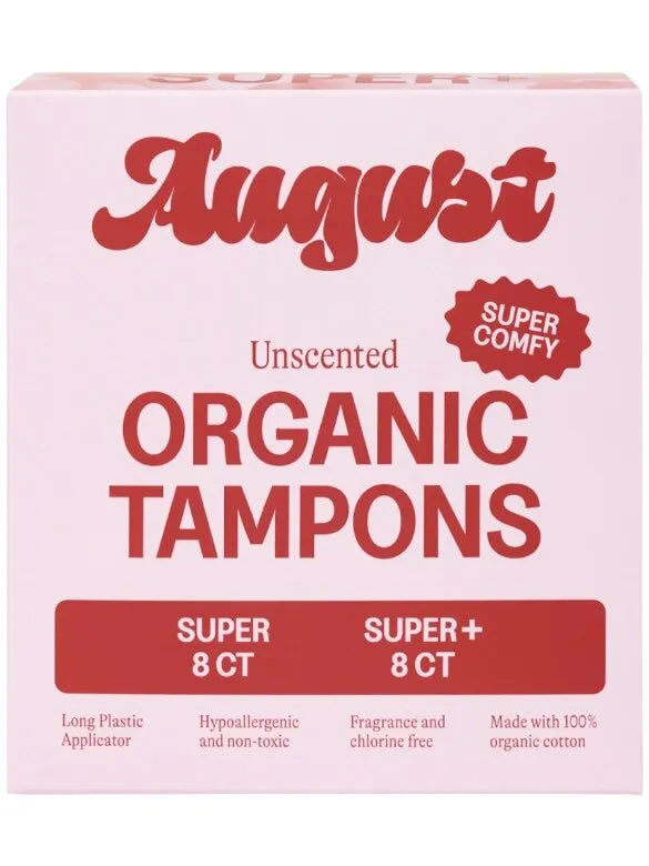 August Unscented Organic Tampons Super & Super+ 16 Count - front of box