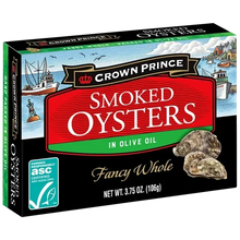 Crown Prince smoked oysters in olive oil, 3.75 oz box with seafood and harbor illustration