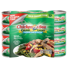 12-pack wild-caught chunk light tuna cans in water, high-protein, grocery staple
