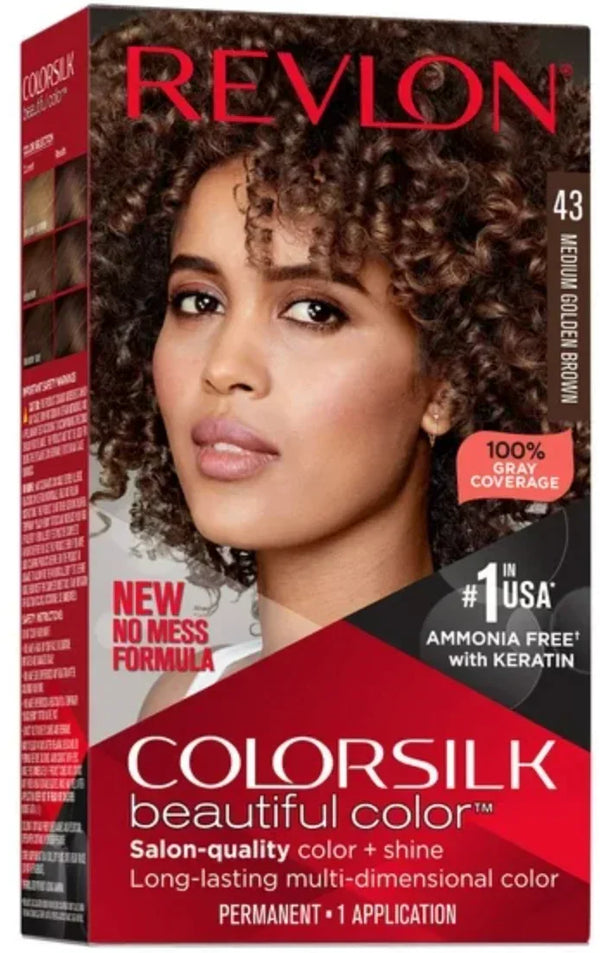 Revlon Colorsilk Medium Golden Brown hair dye box, ammonia-free with keratin, 100% gray coverage