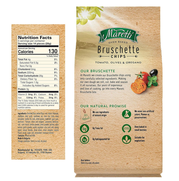 Maretti Oven Baked Bruschette Chips, Tomato Olives & Oregano, 5 oz (142g), All Natural, No Artificial Colors