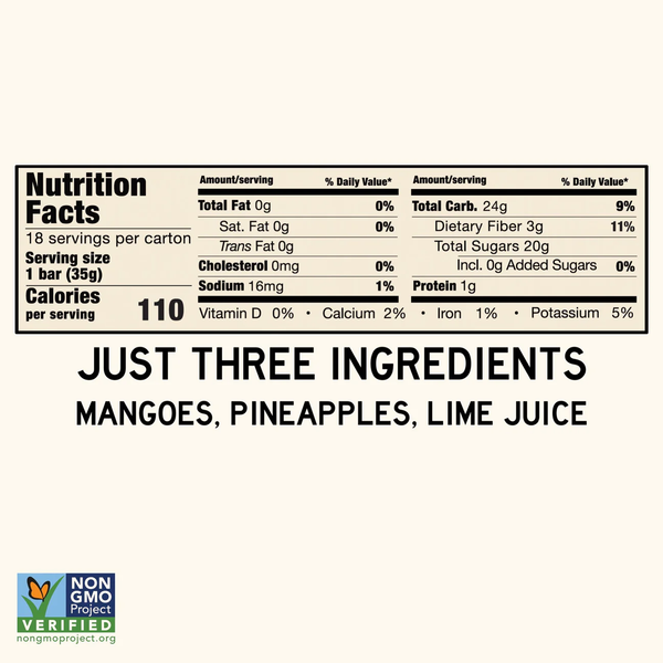 South Forty Pineapple Mango Lime Bar Nutrition Facts - 3 Ingredients, 0g Added Sugar, Non-GMO Verified