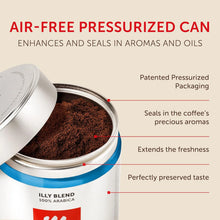 Open can of ground coffee with air-free pressurized packaging for freshness and aroma preservation