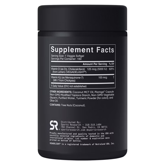Sports Research Plant-Based D3 + K2 160 Veggie Softgels