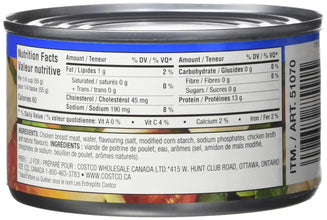 Canned chicken breast meat nutrition facts and ingredient label, grocery food item.