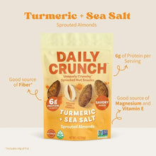 Daily Crunch turmeric sea salt sprouted almonds snack bag with protein and nutrition highlights